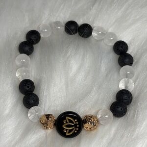 Lava and Quartz Lotus Stretch Bracelet with 18k Gold Paint